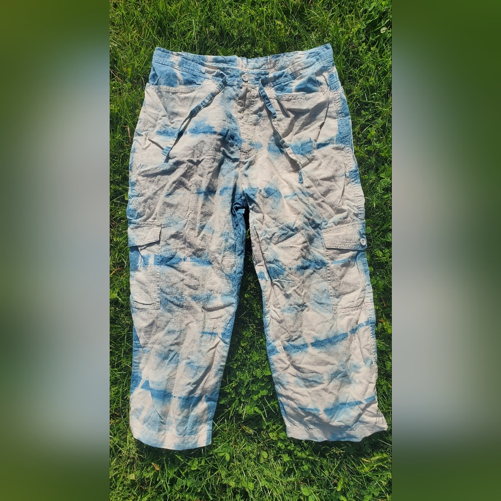 Blue And White Linen/Cotton Natural Plant Dyed Capri Pants Size 10